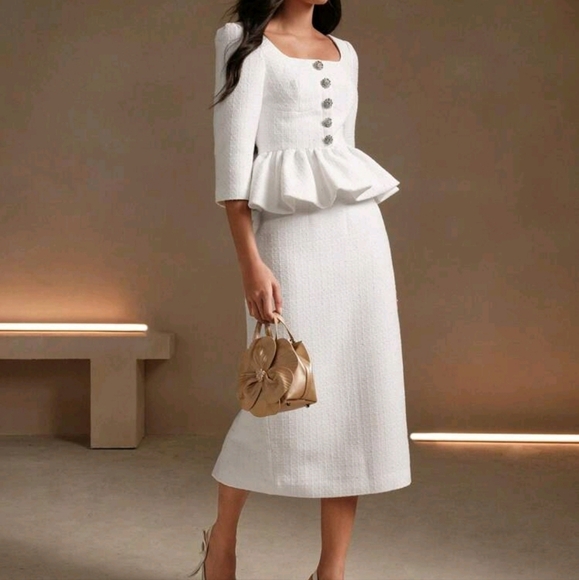 2pcs Vintage-Style Collared Long Sleeve Top With Button Front And Flounce Skirt - Picture 1 of 4